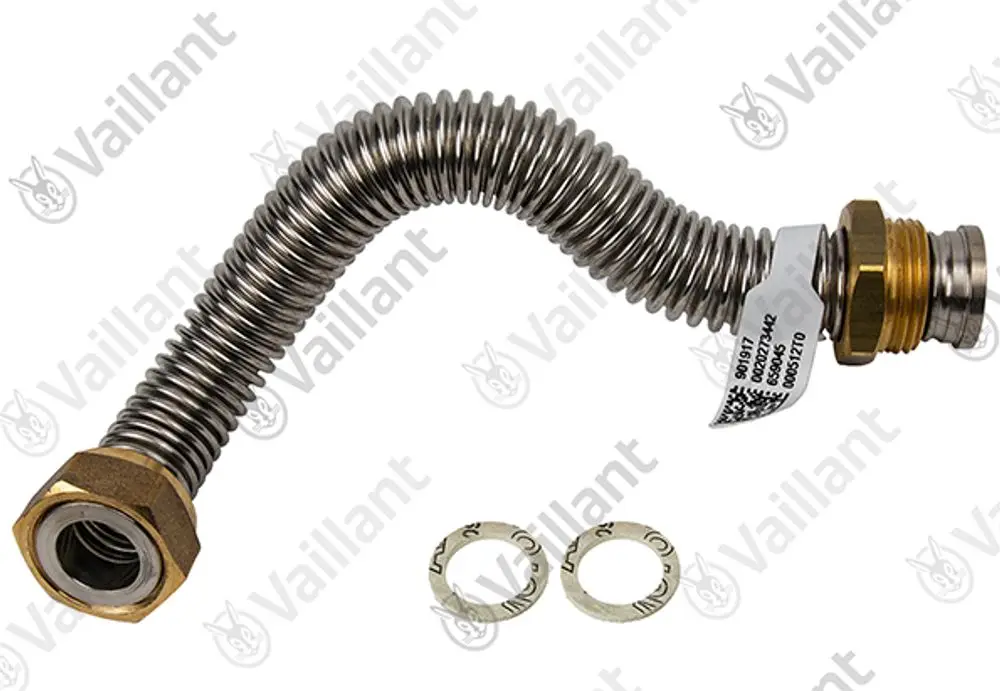Flexible Gasrohr von Vaillant mit gewundenem Metallkörper und zwei Dichtscheiben am Ende. Geeignet für die Gasinstallation.